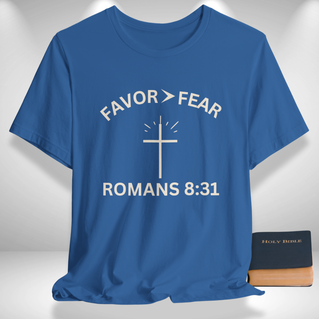 Favor > Fear (Romans 8:31 Bible Verse)  Christian Tee Back to School — Minimal Cross | Bella+Canvas 3001