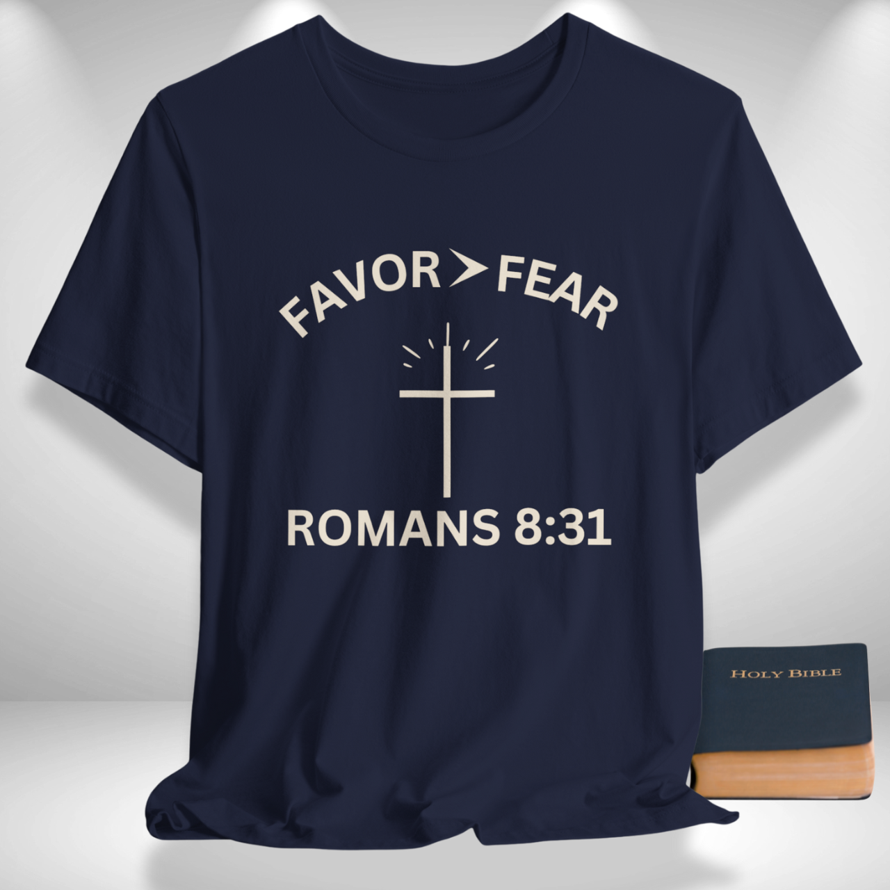 Favor > Fear (Romans 8:31 Bible Verse)  Christian Tee Back to School — Minimal Cross | Bella+Canvas 3001