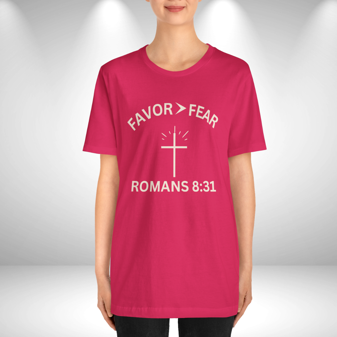 Favor > Fear (Romans 8:31 Bible Verse)  Christian Tee Back to School — Minimal Cross | Bella+Canvas 3001