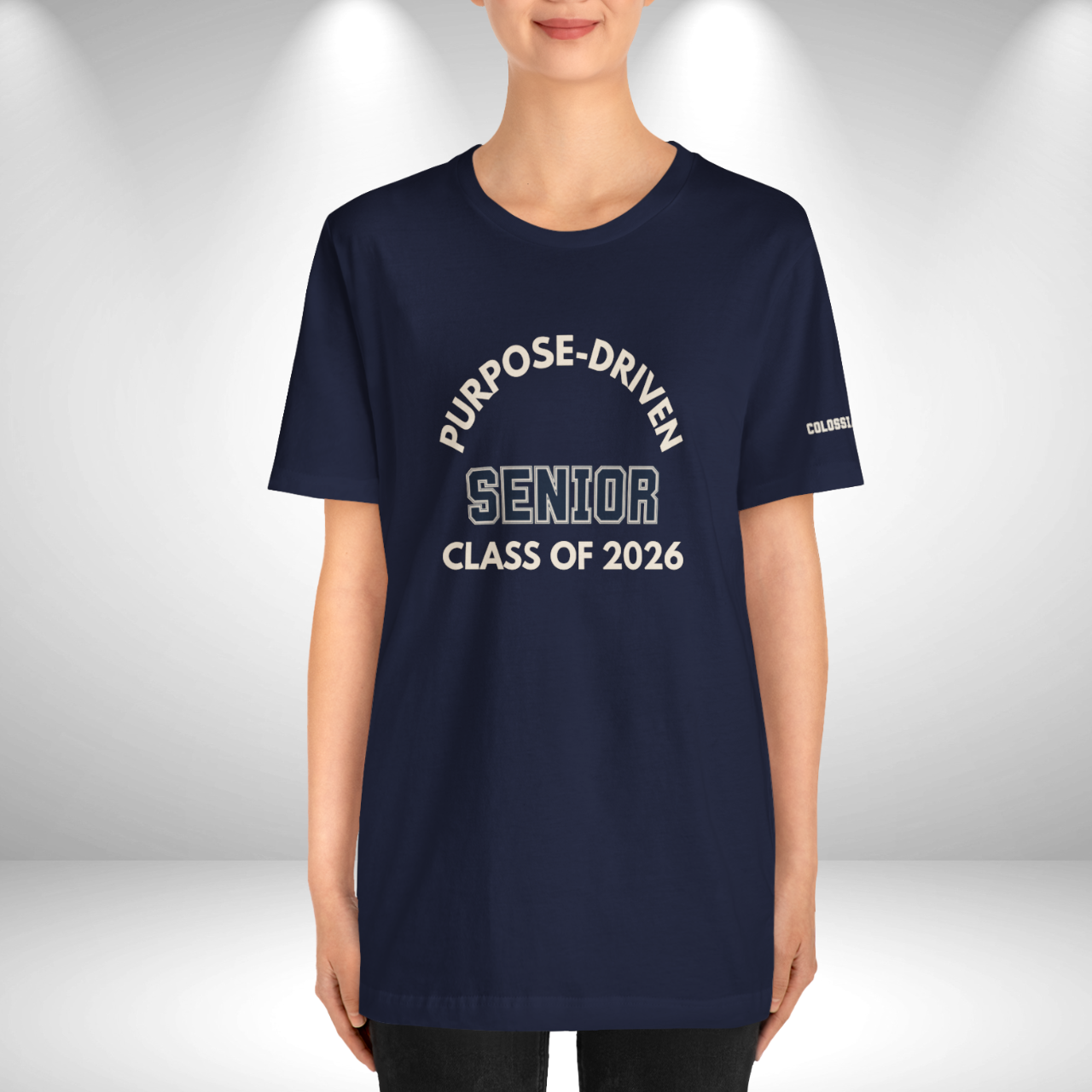 Purpose-Driven Senior Class of 2026 (Colossians 3:23 Bible Verse on Sleeve) Christian Tee  — Varsity | Bella+Canvas 3001