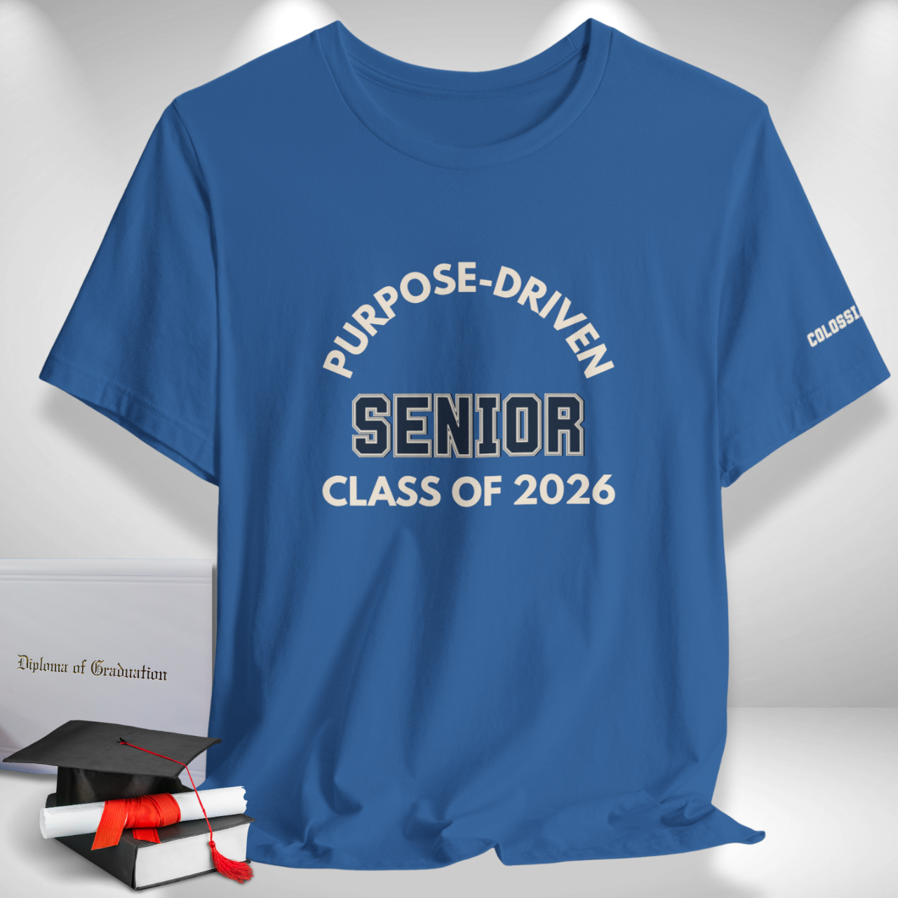 Purpose-Driven Senior Class of 2026 (Colossians 3:23 Bible Verse on Sleeve) Christian Tee  — Varsity | Bella+Canvas 3001