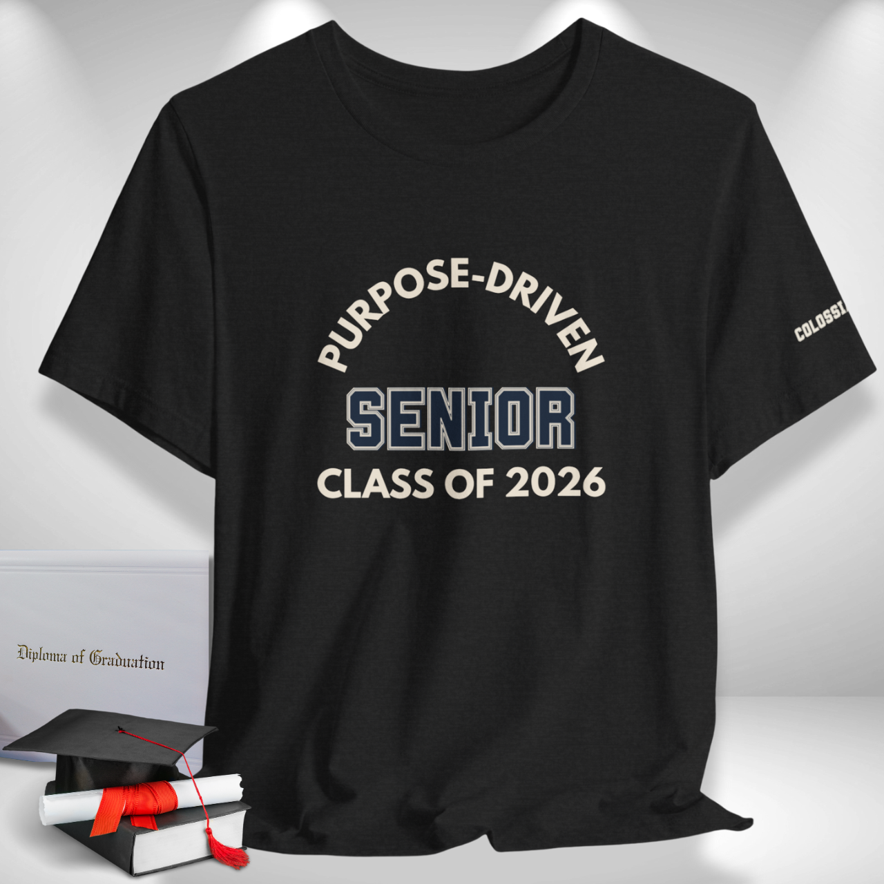 Purpose-Driven Senior Class of 2026 (Colossians 3:23 Bible Verse on Sleeve) Christian Tee  — Varsity | Bella+Canvas 3001