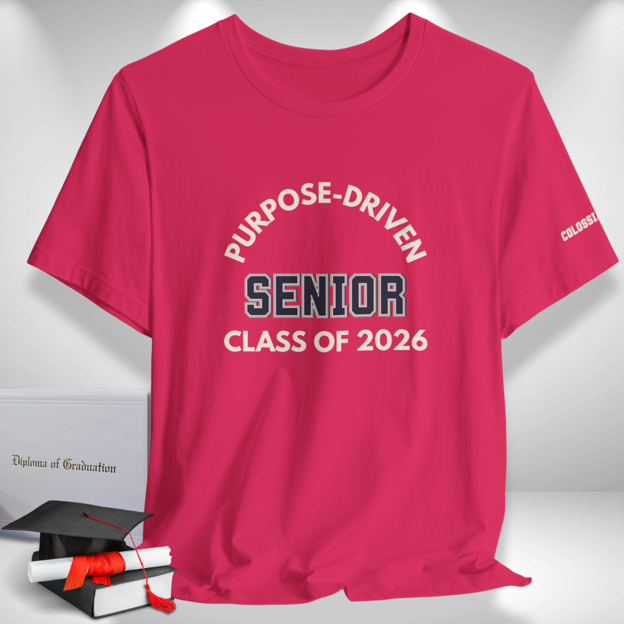 Purpose-Driven Senior Class of 2026 (Colossians 3:23 Bible Verse on Sleeve) Christian Tee  — Varsity | Bella+Canvas 3001