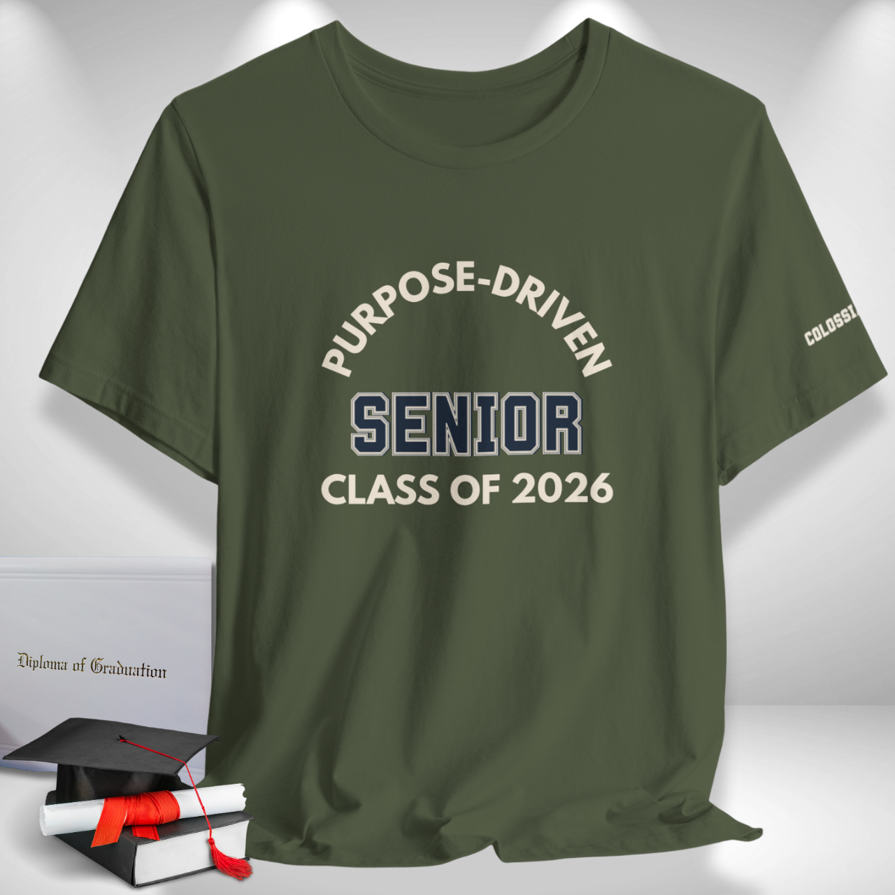 Purpose-Driven Senior Class of 2026 (Colossians 3:23 Bible Verse on Sleeve) Christian Tee  — Varsity | Bella+Canvas 3001
