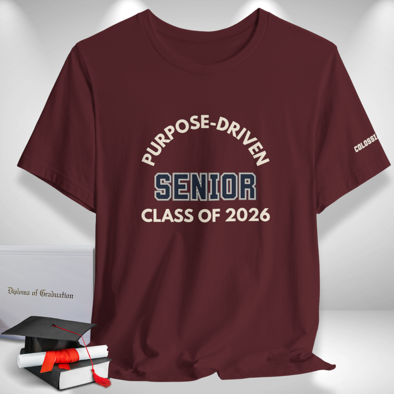 Purpose-Driven Senior Class of 2026 (Colossians 3:23 Bible Verse on Sleeve) Christian Tee  — Varsity | Bella+Canvas 3001
