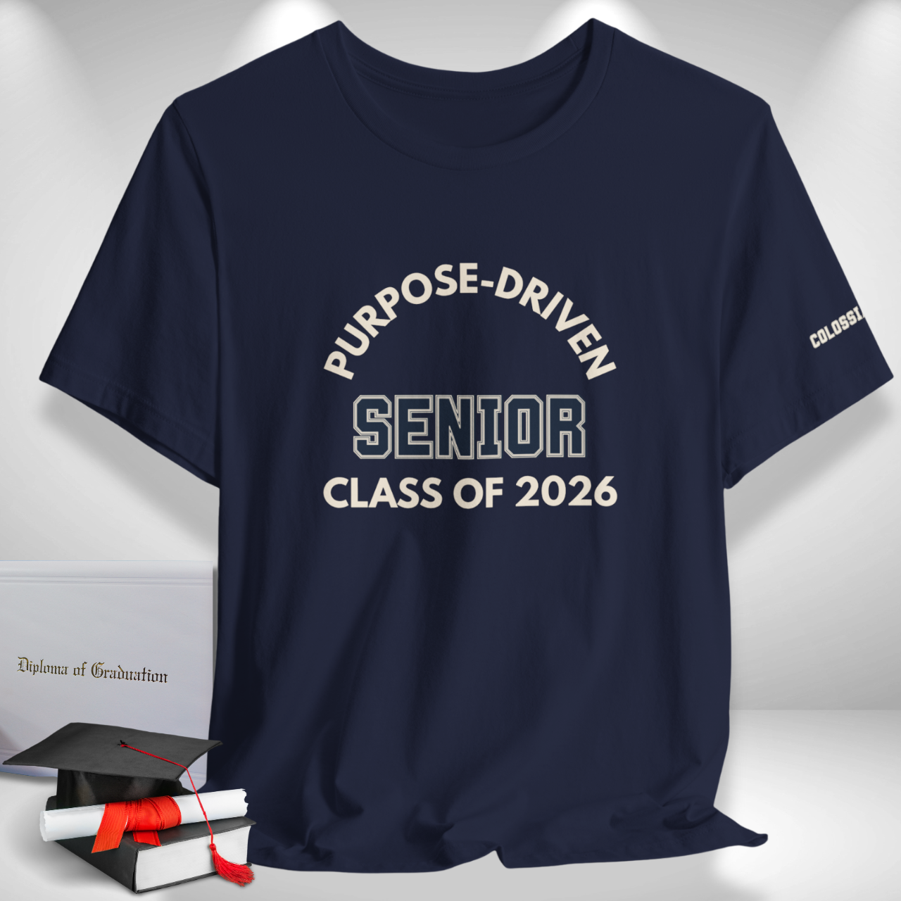 Purpose-Driven Senior Class of 2026 (Colossians 3:23 Bible Verse on Sleeve) Christian Tee  — Varsity | Bella+Canvas 3001