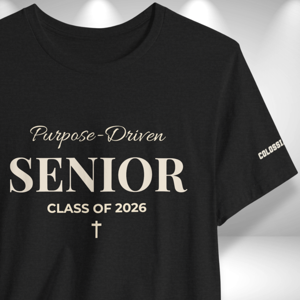 Purpose-Driven Senior Class of 2026 (Colossians 3:23 Bible Verse on Sleeve) Christian Tee —White Print — Bella+Canvas 3001