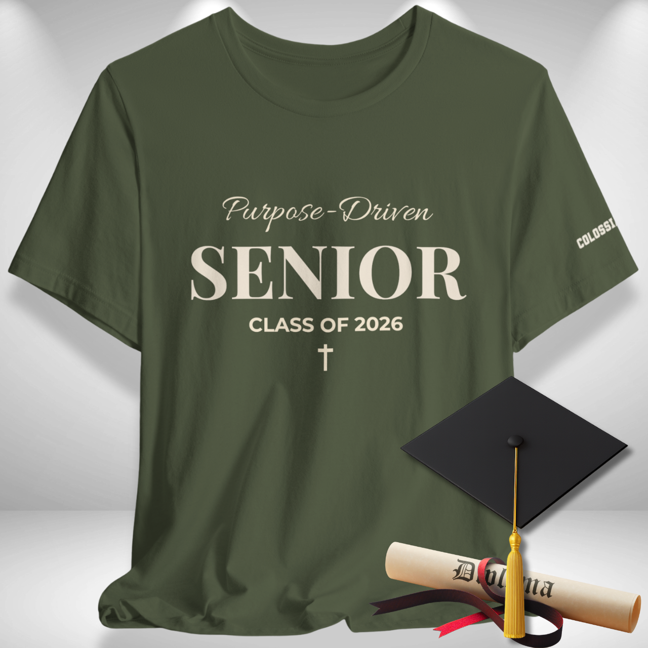 Purpose-Driven Senior Class of 2026 (Colossians 3:23 Bible Verse on Sleeve) Christian Tee —White Print — Bella+Canvas 3001