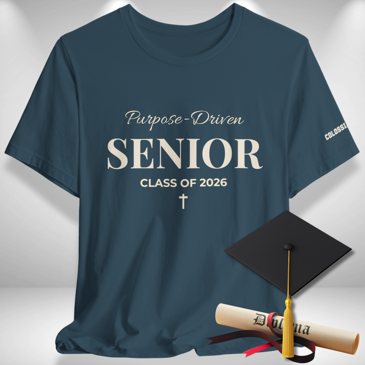 Purpose-Driven Senior Class of 2026 (Colossians 3:23 Bible Verse on Sleeve) Christian Tee —White Print — Bella+Canvas 3001
