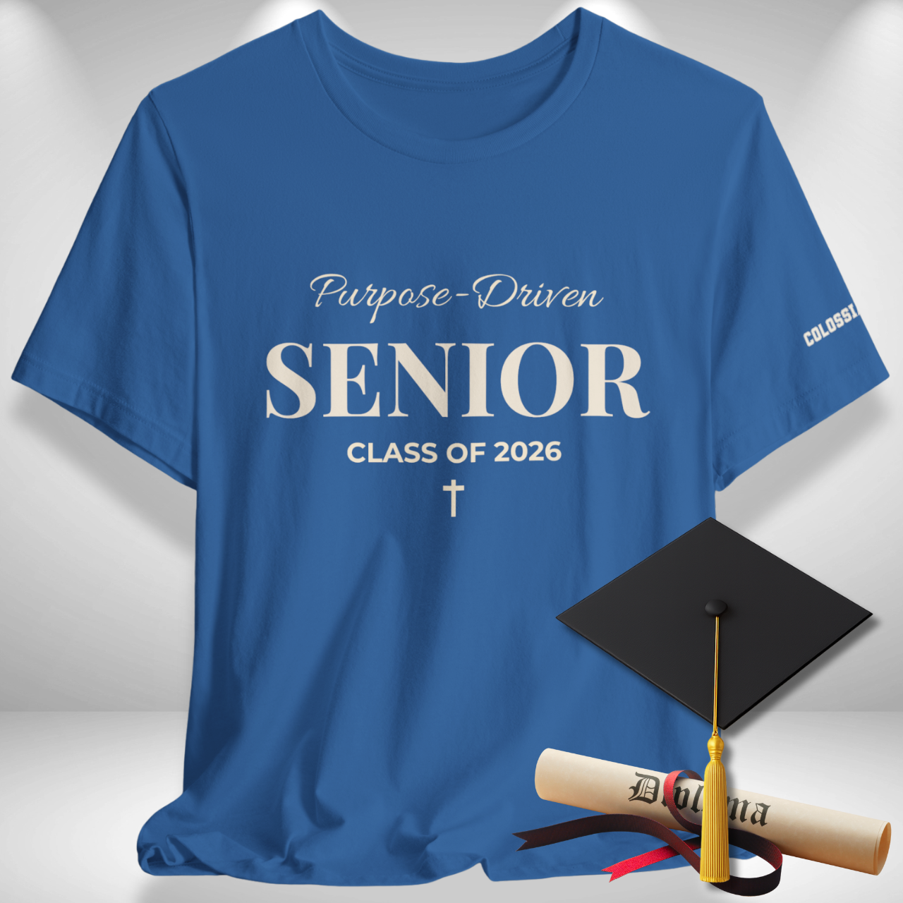 Purpose-Driven Senior Class of 2026 (Colossians 3:23 Bible Verse on Sleeve) Christian Tee —White Print — Bella+Canvas 3001