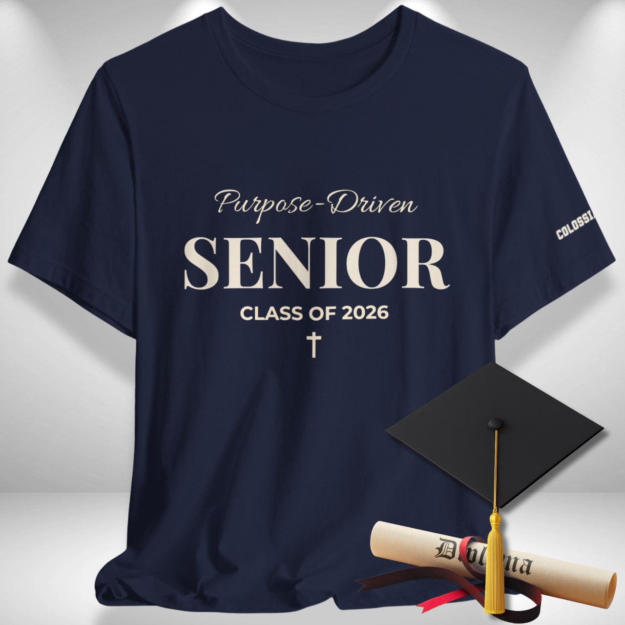 Purpose-Driven Senior Class of 2026 (Colossians 3:23 Bible Verse on Sleeve) Christian Tee —White Print — Bella+Canvas 3001