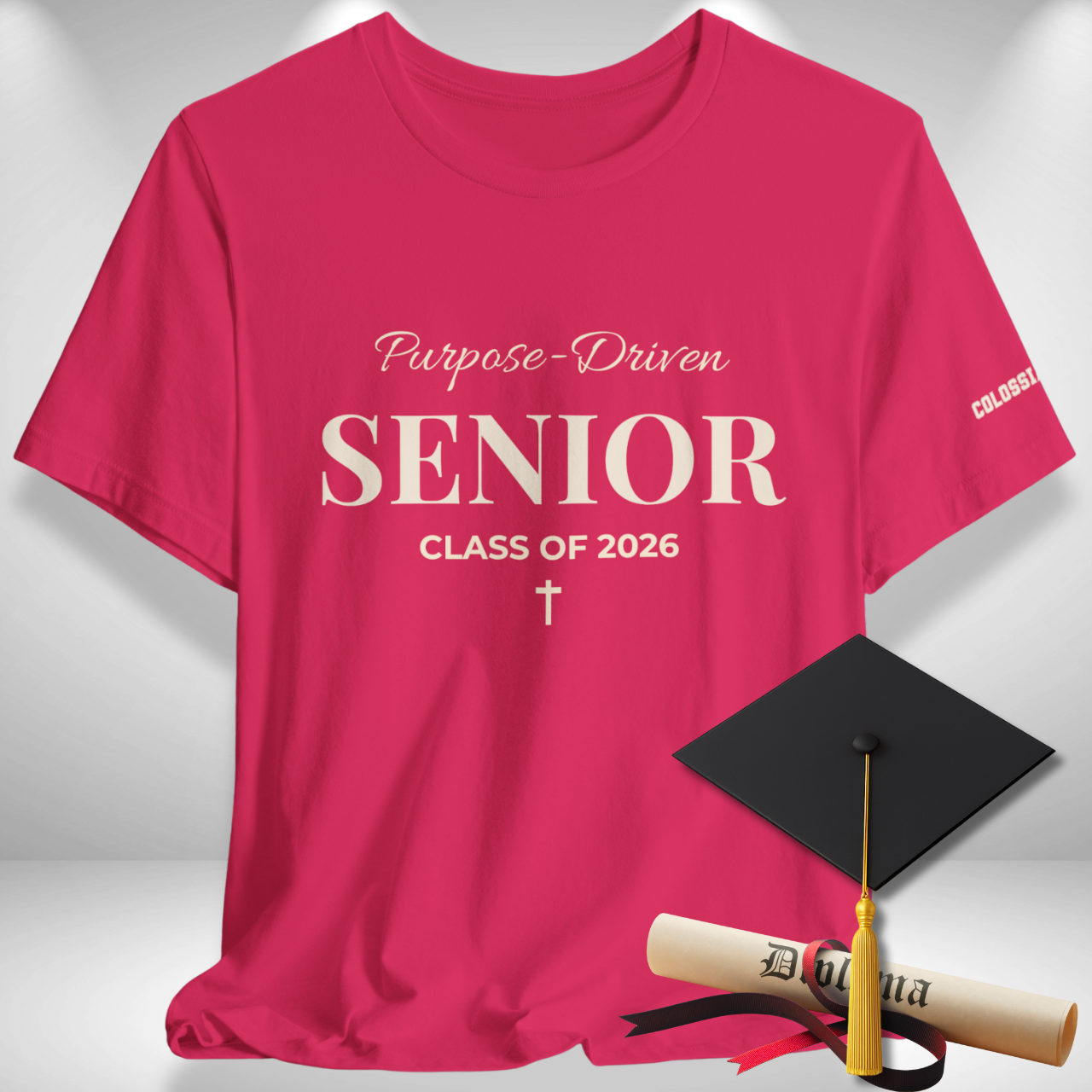 Purpose-Driven Senior Class of 2026 (Colossians 3:23 Bible Verse on Sleeve) Christian Tee —White Print — Bella+Canvas 3001