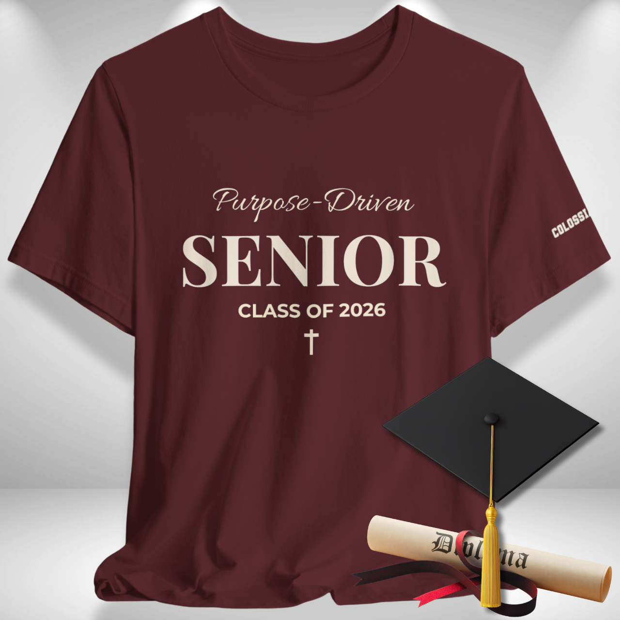 Purpose-Driven Senior Class of 2026 (Colossians 3:23 Bible Verse on Sleeve) Christian Tee —White Print — Bella+Canvas 3001