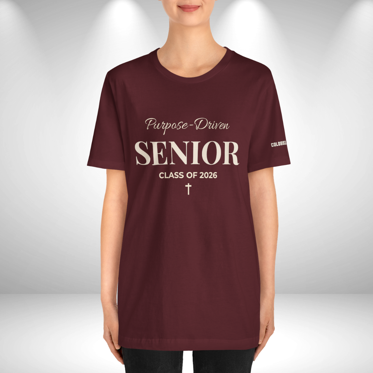 Purpose-Driven Senior Class of 2026 (Colossians 3:23 Bible Verse on Sleeve) Christian Tee —White Print — Bella+Canvas 3001