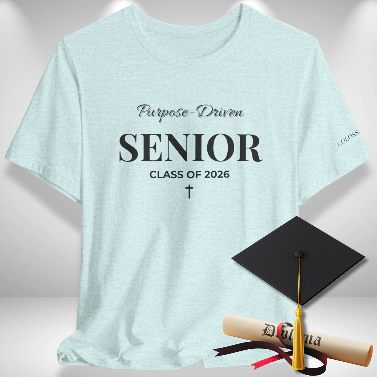 Purpose-Driven Senior Class of 2026 (Colossians 3:23 Bible Verse on Sleeve) Christian Tee — Black Print  — Bella+Canvas 3001