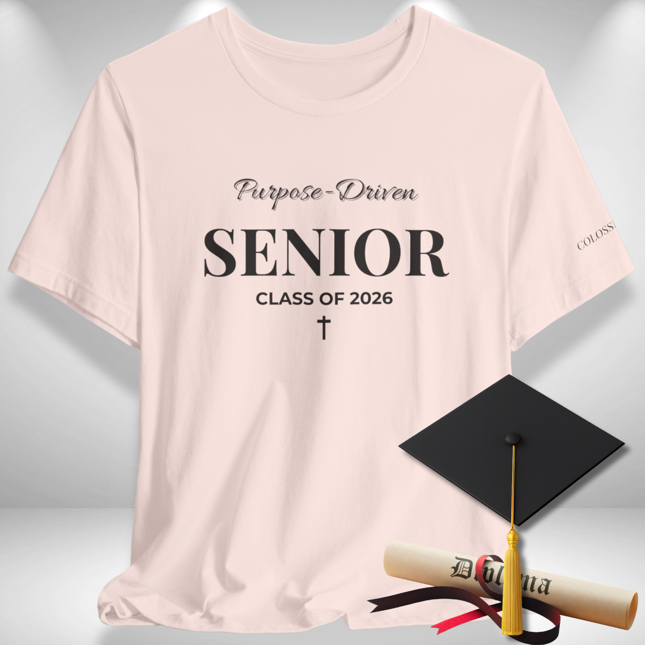 Purpose-Driven Senior Class of 2026 (Colossians 3:23 Bible Verse on Sleeve) Christian Tee — Black Print  — Bella+Canvas 3001