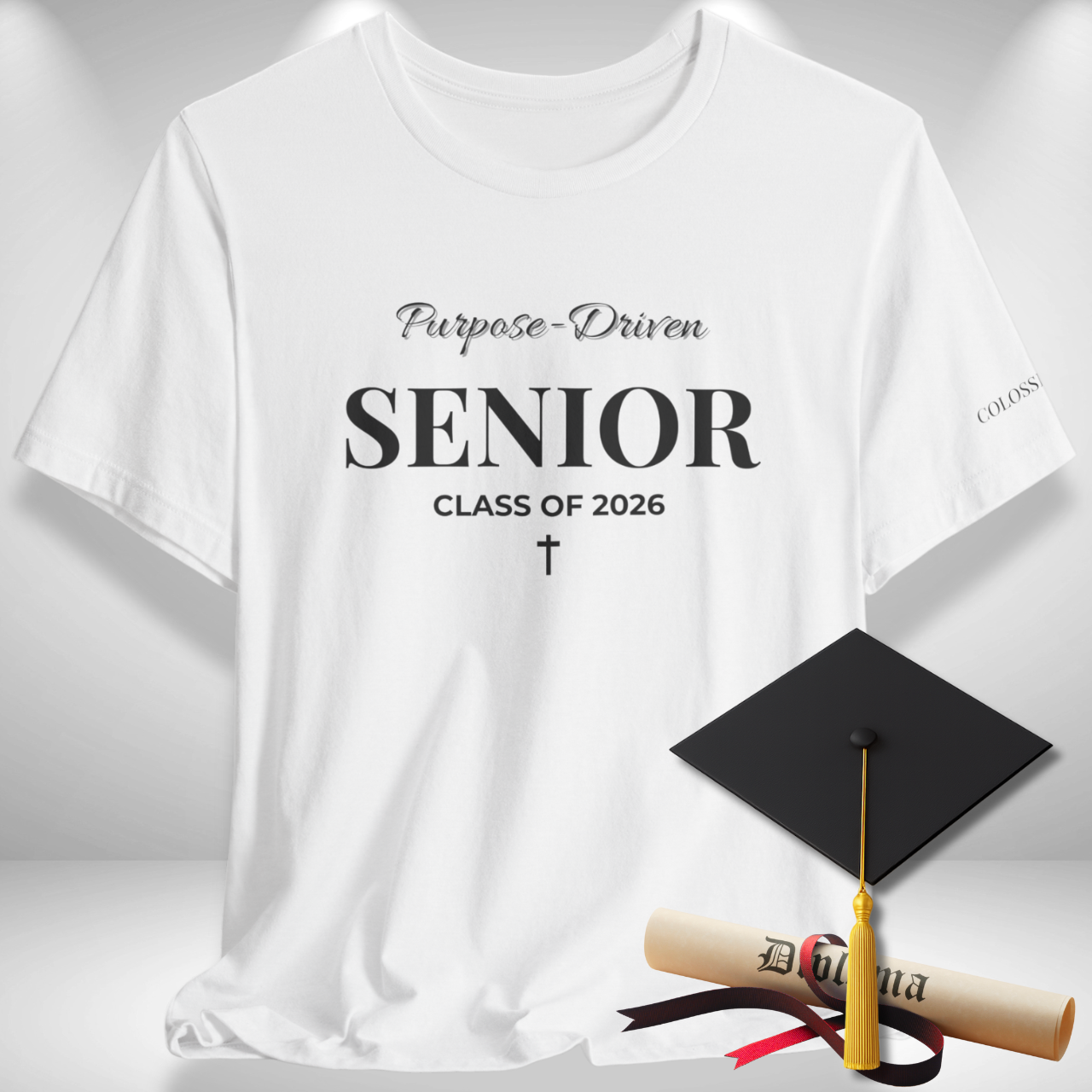 Purpose-Driven Senior Class of 2026 (Colossians 3:23 Bible Verse on Sleeve) Christian Tee — Black Print  — Bella+Canvas 3001