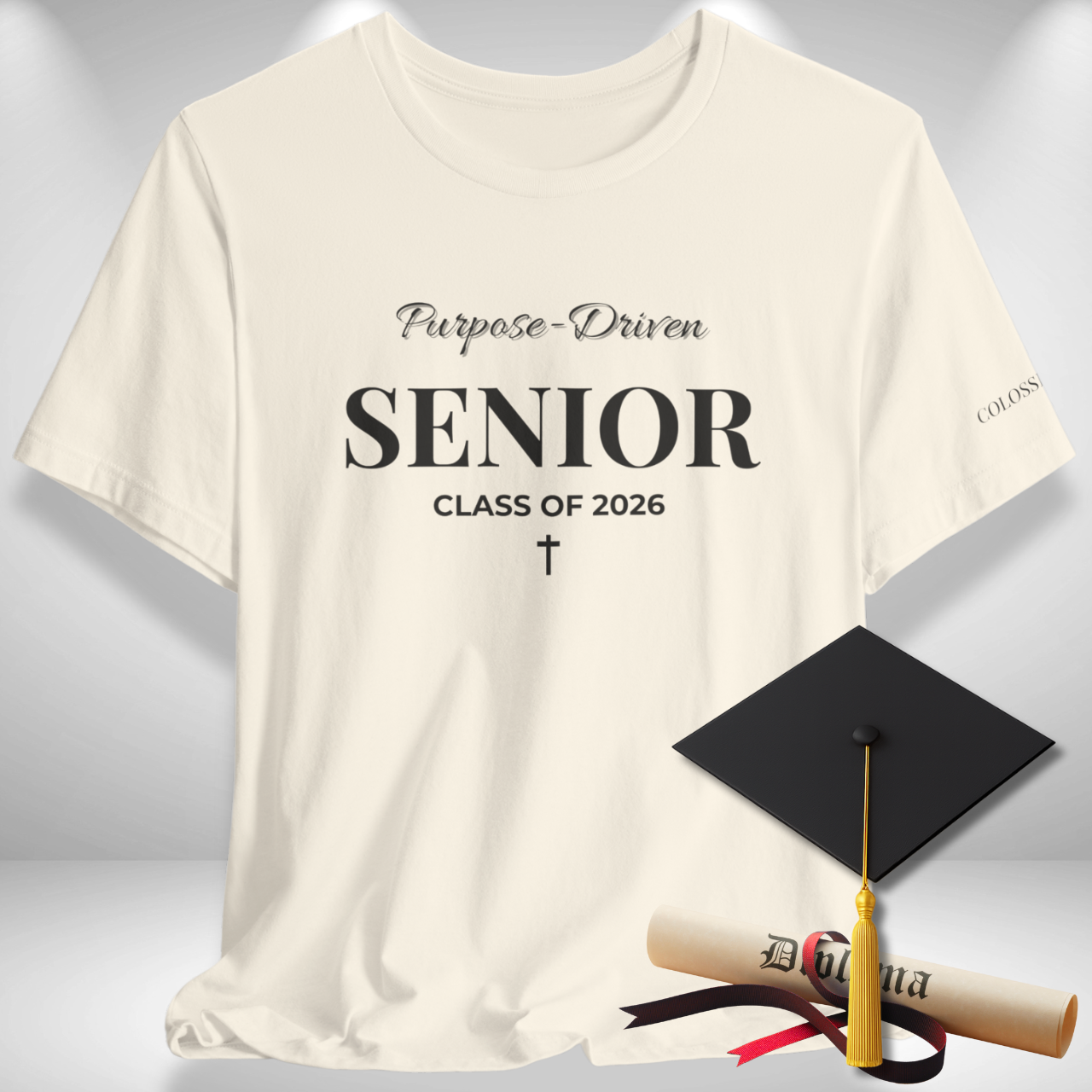 Purpose-Driven Senior Class of 2026 (Colossians 3:23 Bible Verse on Sleeve) Christian Tee — Black Print  — Bella+Canvas 3001