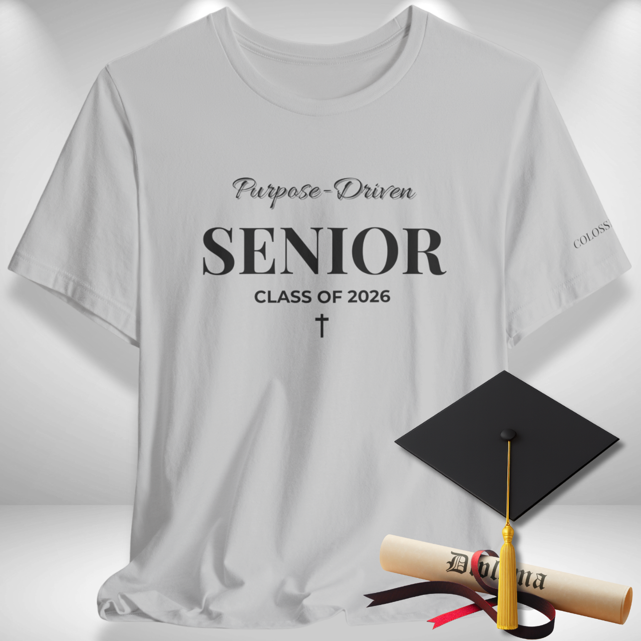 Purpose-Driven Senior Class of 2026 (Colossians 3:23 Bible Verse on Sleeve) Christian Tee — Black Print  — Bella+Canvas 3001