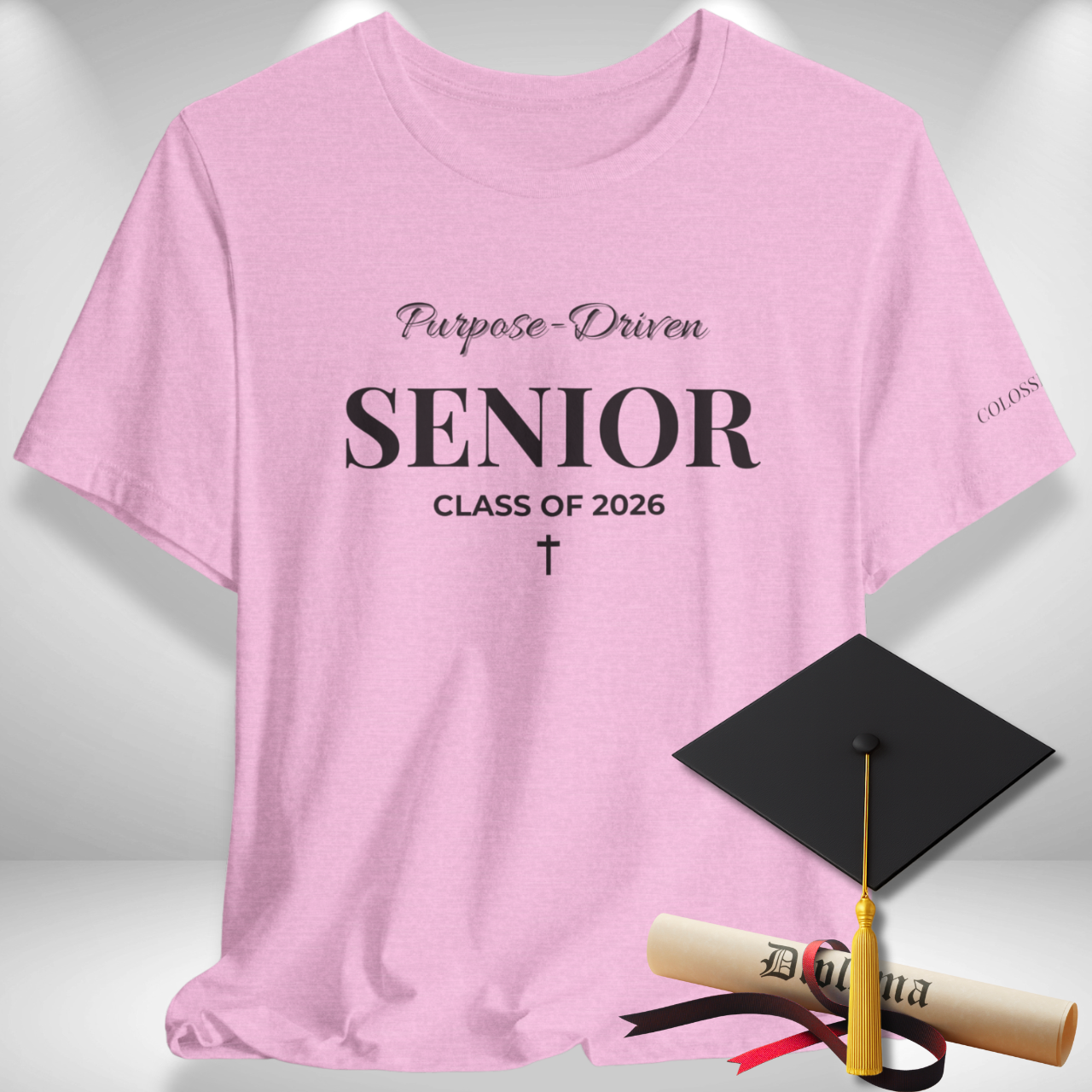 Purpose-Driven Senior Class of 2026 (Colossians 3:23 Bible Verse on Sleeve) Christian Tee — Black Print  — Bella+Canvas 3001