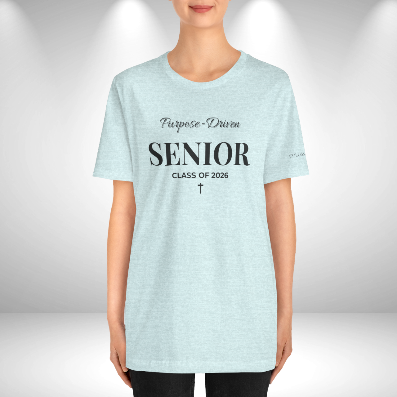 Purpose-Driven Senior Class of 2026 (Colossians 3:23 Bible Verse on Sleeve) Christian Tee — Black Print  — Bella+Canvas 3001