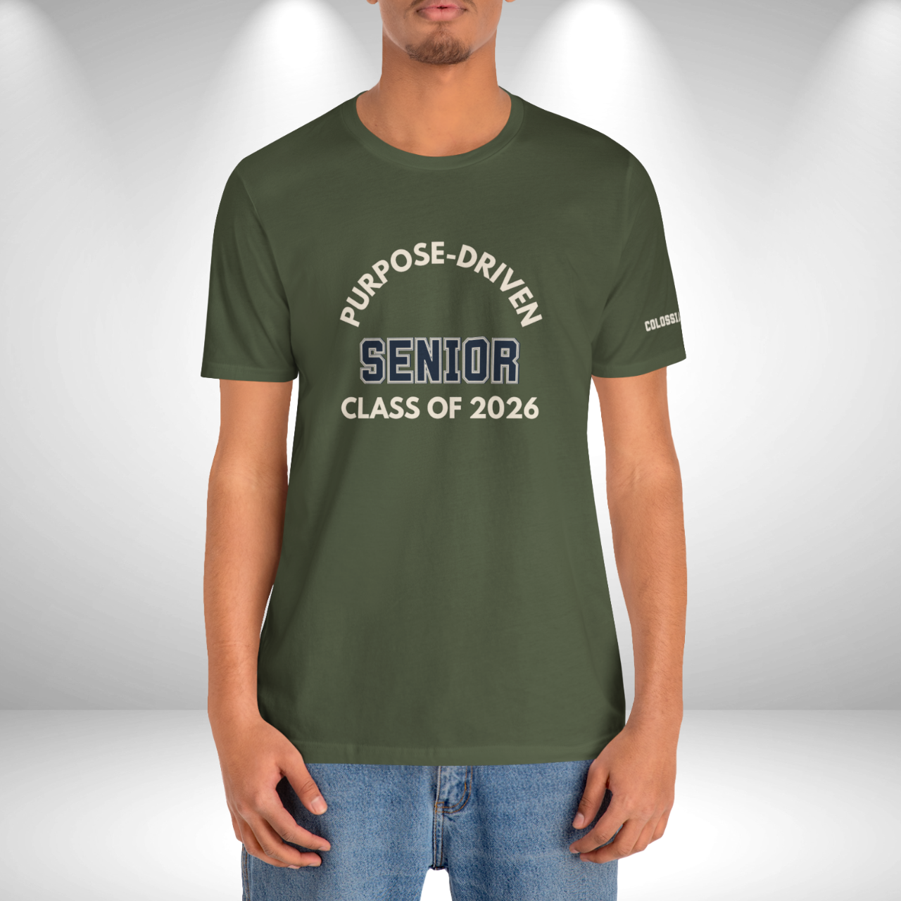 Purpose-Driven Senior Class of 2026 (Colossians 3:23 Bible Verse on Sleeve) Christian-Unisex Tee  — Varsity | Bella+Canvas 3001