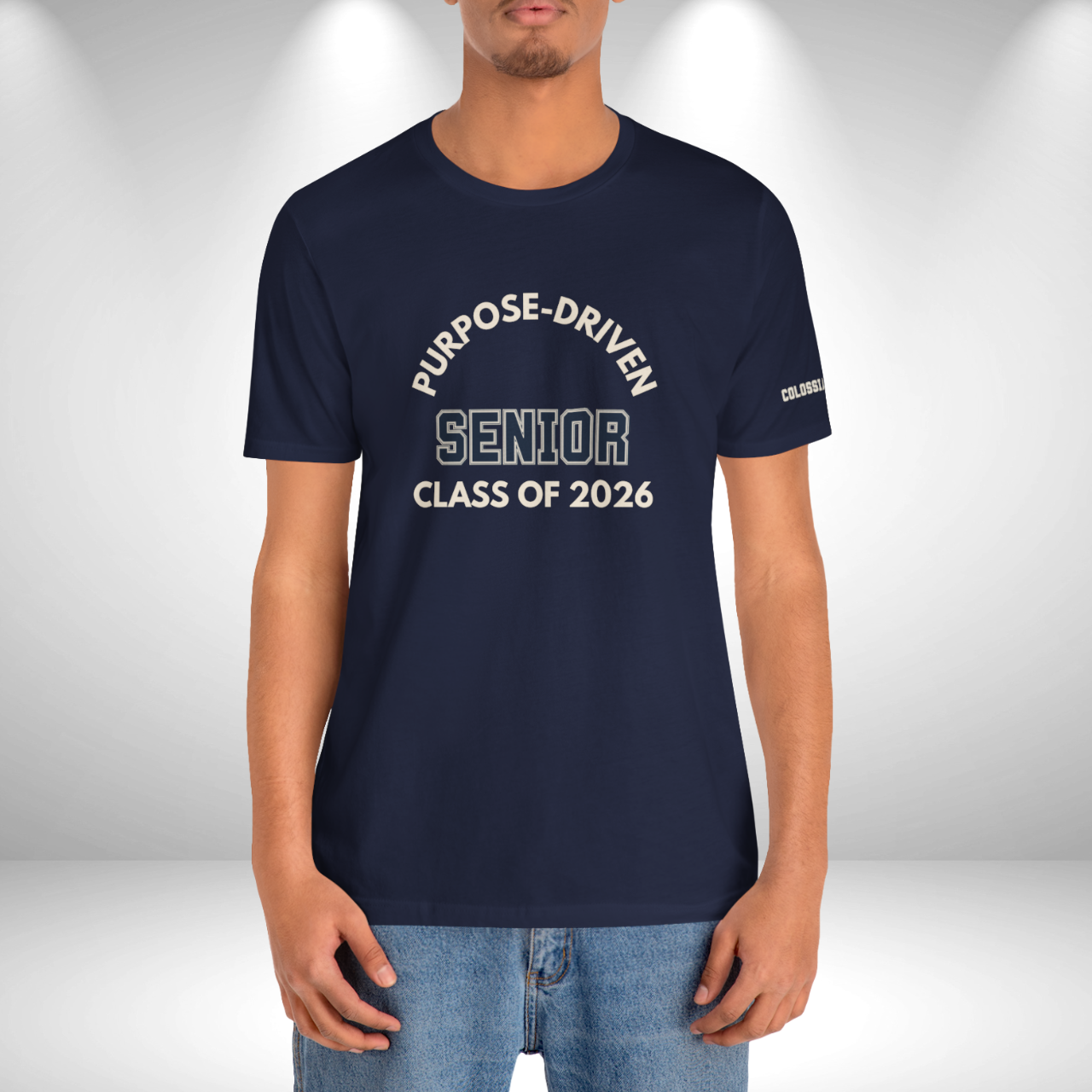 Purpose-Driven Senior Class of 2026 (Colossians 3:23 Bible Verse on Sleeve) Christian-Unisex Tee  — Varsity | Bella+Canvas 3001