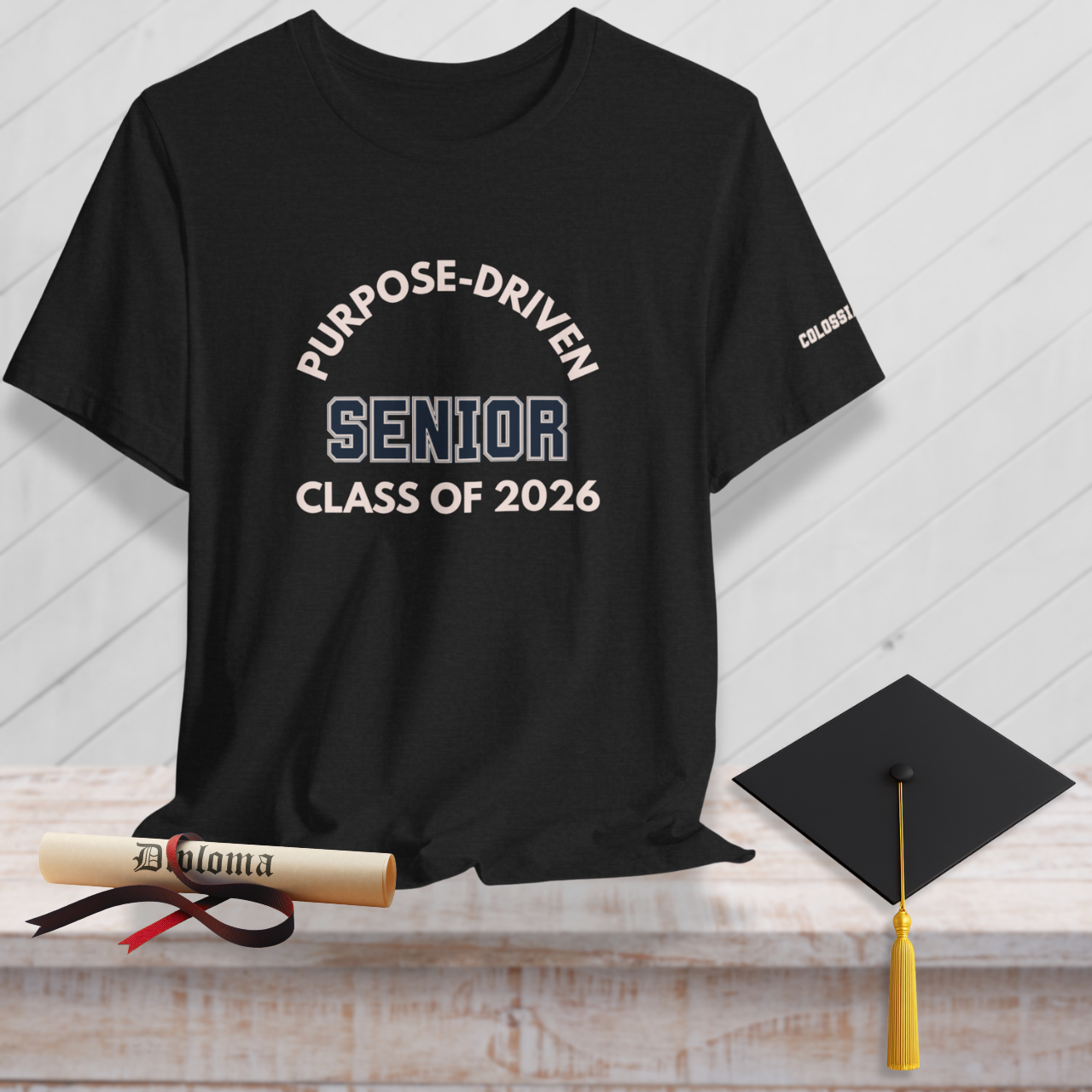 Purpose-Driven Senior Class of 2026 (Colossians 3:23 Bible Verse on Sleeve) Christian-Unisex Tee  — Varsity | Bella+Canvas 3001