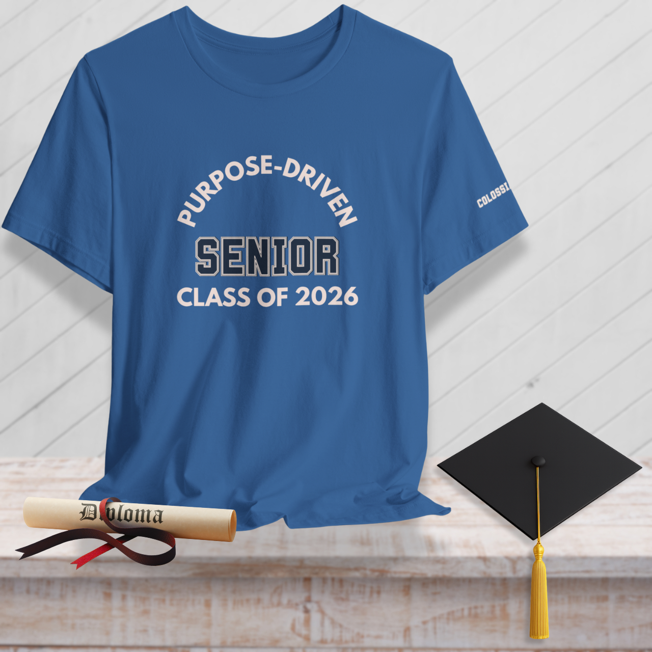 Purpose-Driven Senior Class of 2026 (Colossians 3:23 Bible Verse on Sleeve) Christian-Unisex Tee  — Varsity | Bella+Canvas 3001
