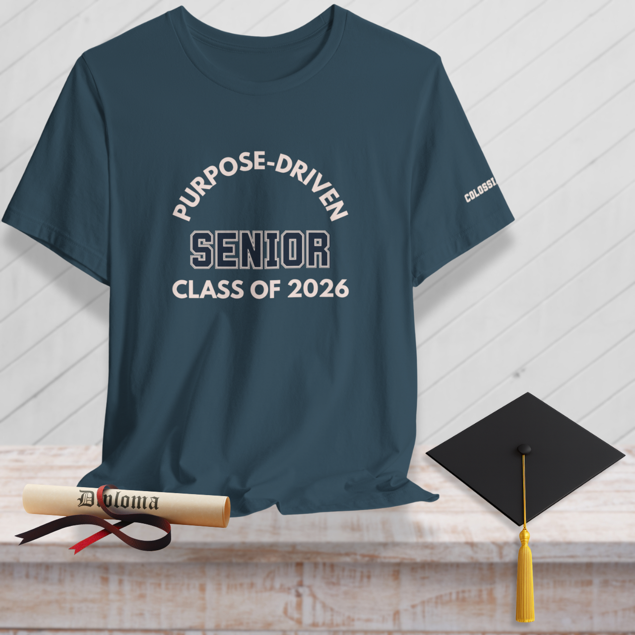 Purpose-Driven Senior Class of 2026 (Colossians 3:23 Bible Verse on Sleeve) Christian-Unisex Tee  — Varsity | Bella+Canvas 3001