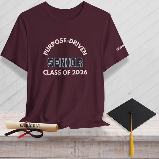 Purpose-Driven Senior Class of 2026 (Colossians 3:23 Bible Verse on Sleeve) Christian-Unisex Tee  — Varsity | Bella+Canvas 3001