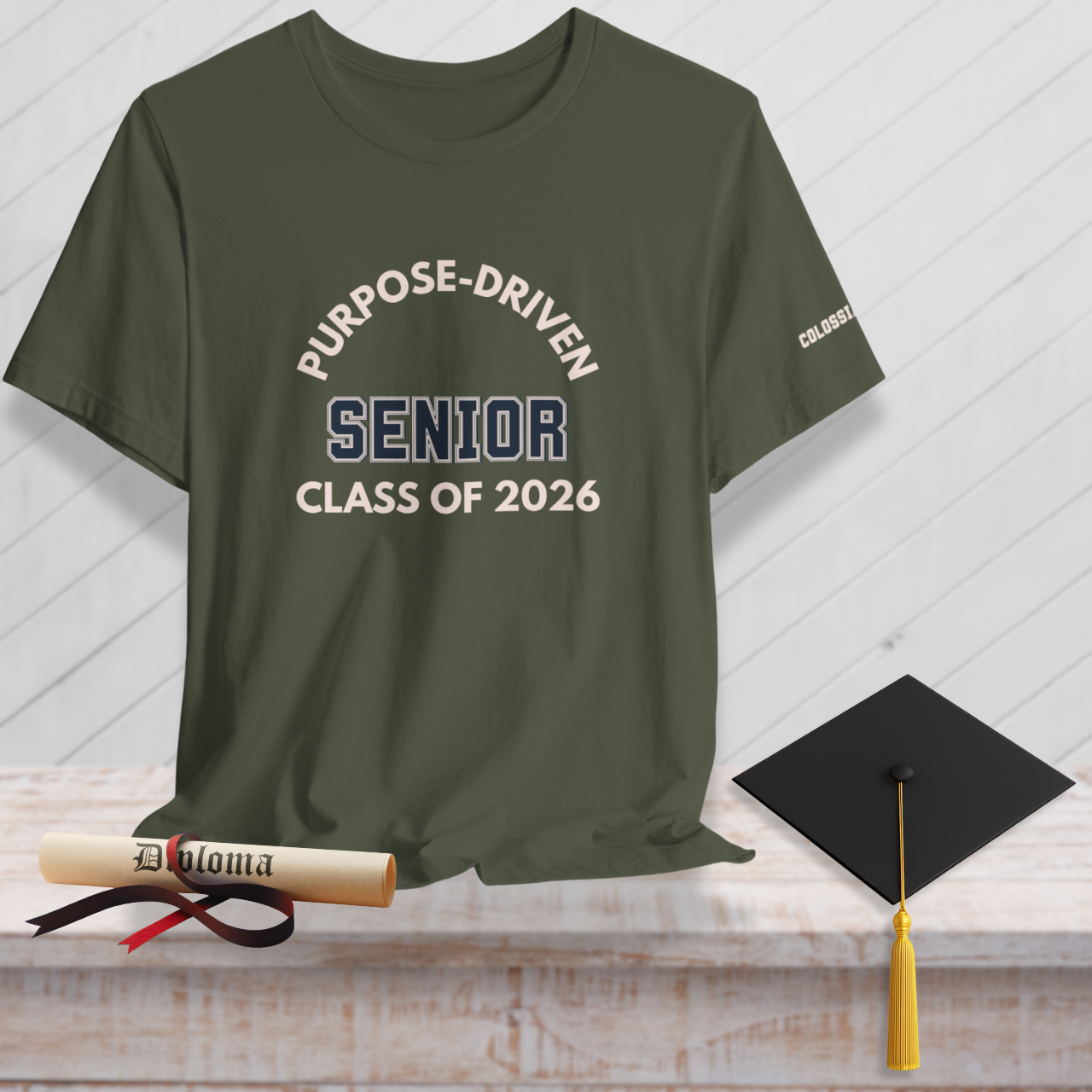 Purpose-Driven Senior Class of 2026 (Colossians 3:23 Bible Verse on Sleeve) Christian-Unisex Tee  — Varsity | Bella+Canvas 3001