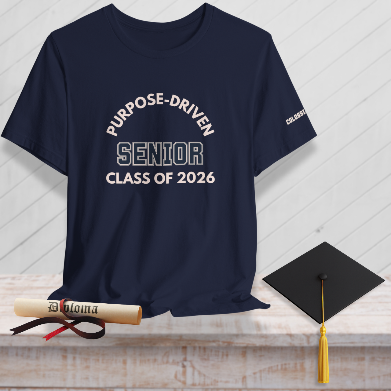 Purpose-Driven Senior Class of 2026 (Colossians 3:23 Bible Verse on Sleeve) Christian-Unisex Tee  — Varsity | Bella+Canvas 3001