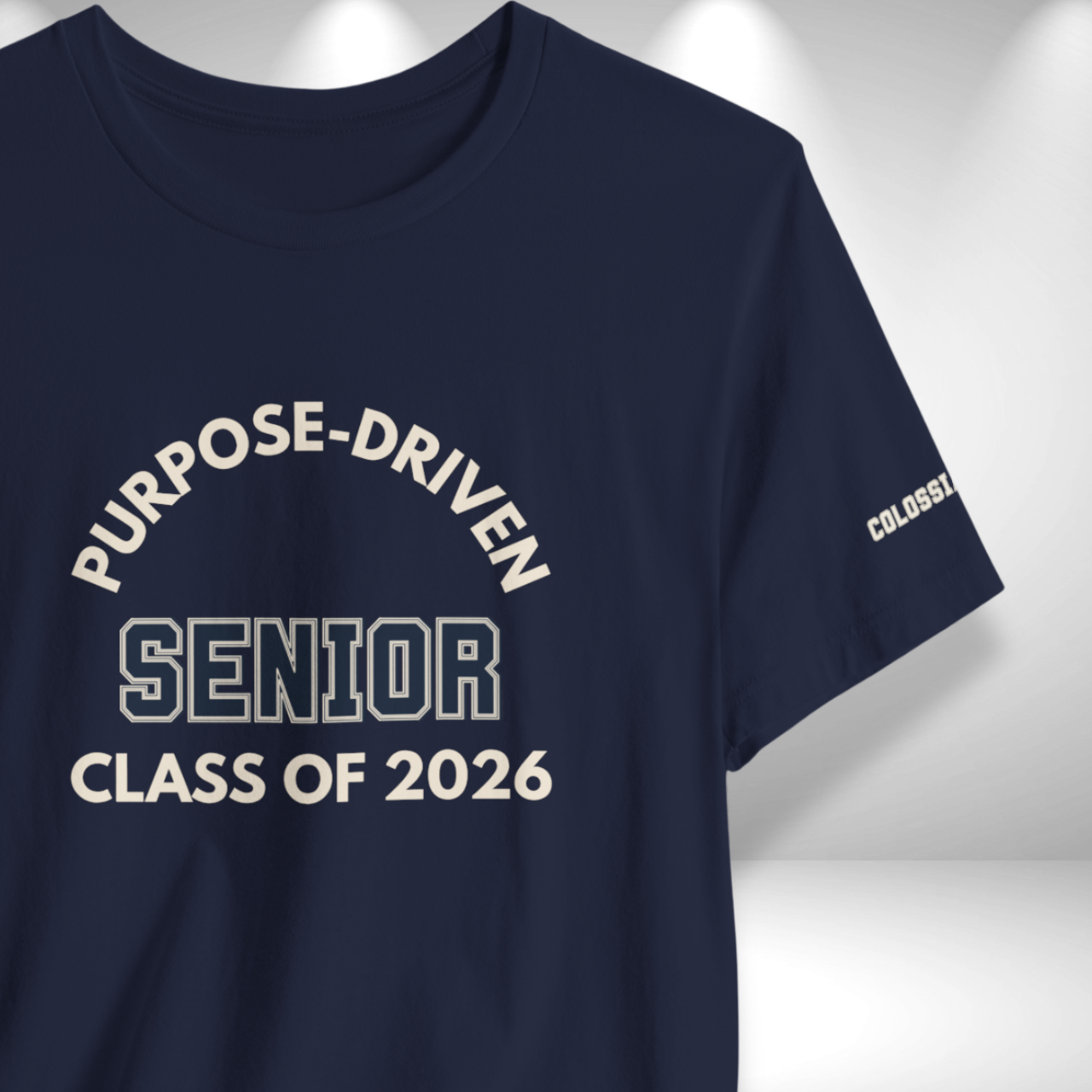 Purpose-Driven Senior Class of 2026 (Colossians 3:23 Bible Verse on Sleeve) Christian-Unisex Tee  — Varsity | Bella+Canvas 3001