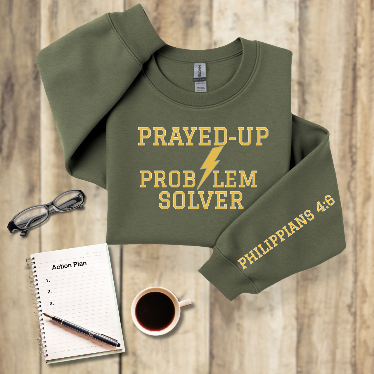 Prayed-Up Problem Solver Retro Varsity w/Bible Sleeve Verse Philippians 4:6 Sweatshirt Unisex — Christian Teacher • Gildan 18000