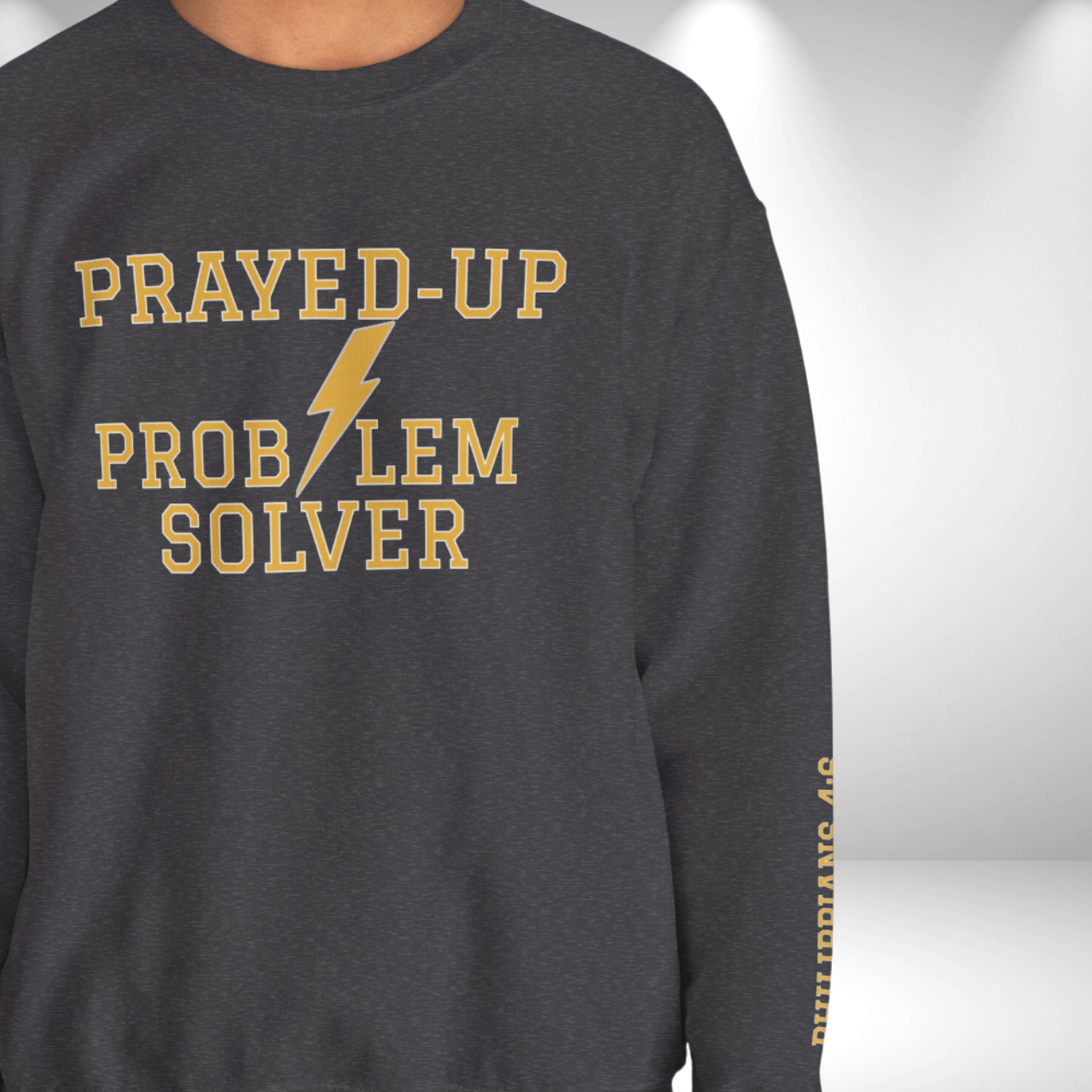 Prayed-Up Problem Solver Retro Varsity w/Bible Sleeve Verse Philippians 4:6 Sweatshirt Unisex — Christian Teacher • Gildan 18000