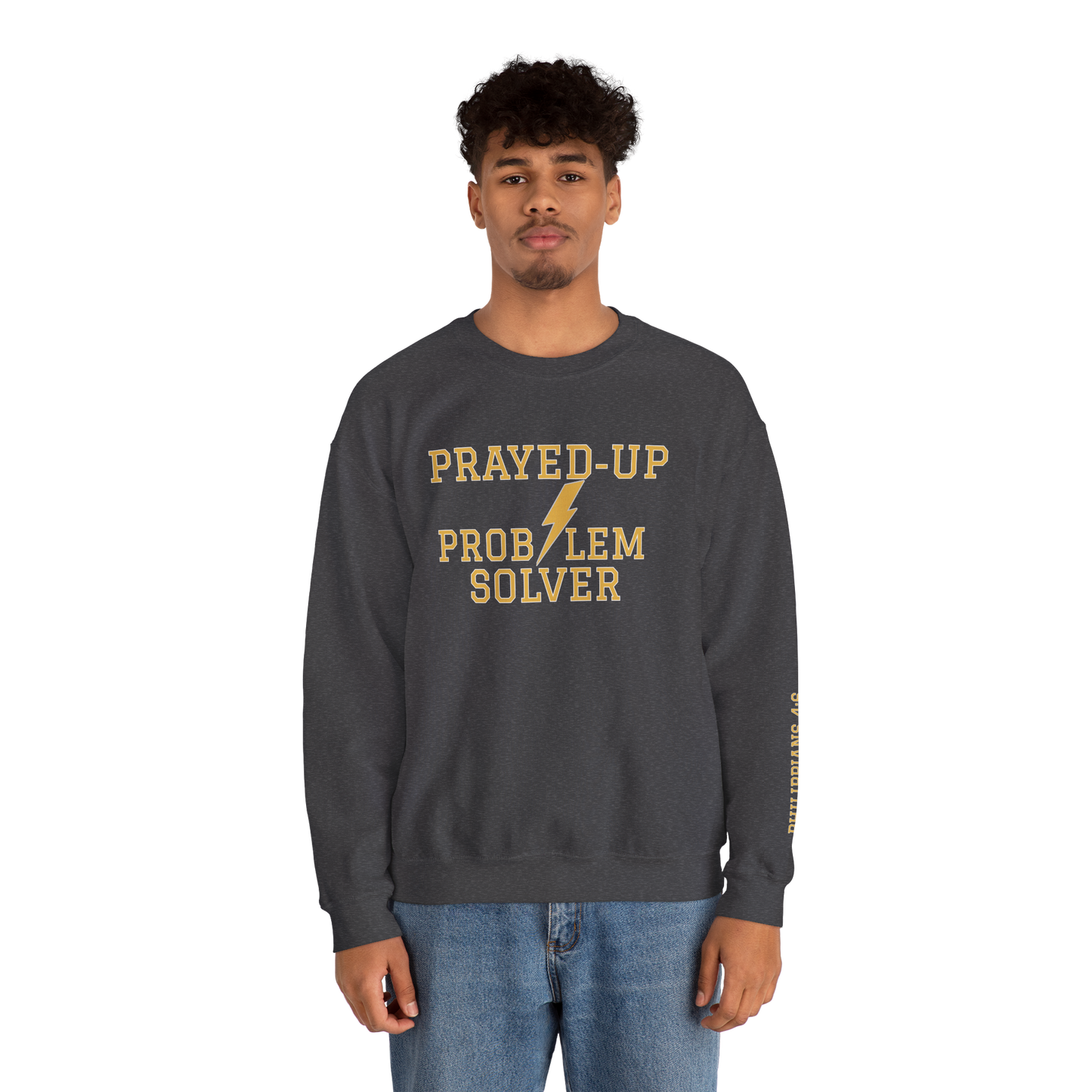Prayed-Up Problem Solver Retro Varsity w/Bible Sleeve Verse Philippians 4:6 Sweatshirt Unisex — Christian Teacher • Gildan 18000