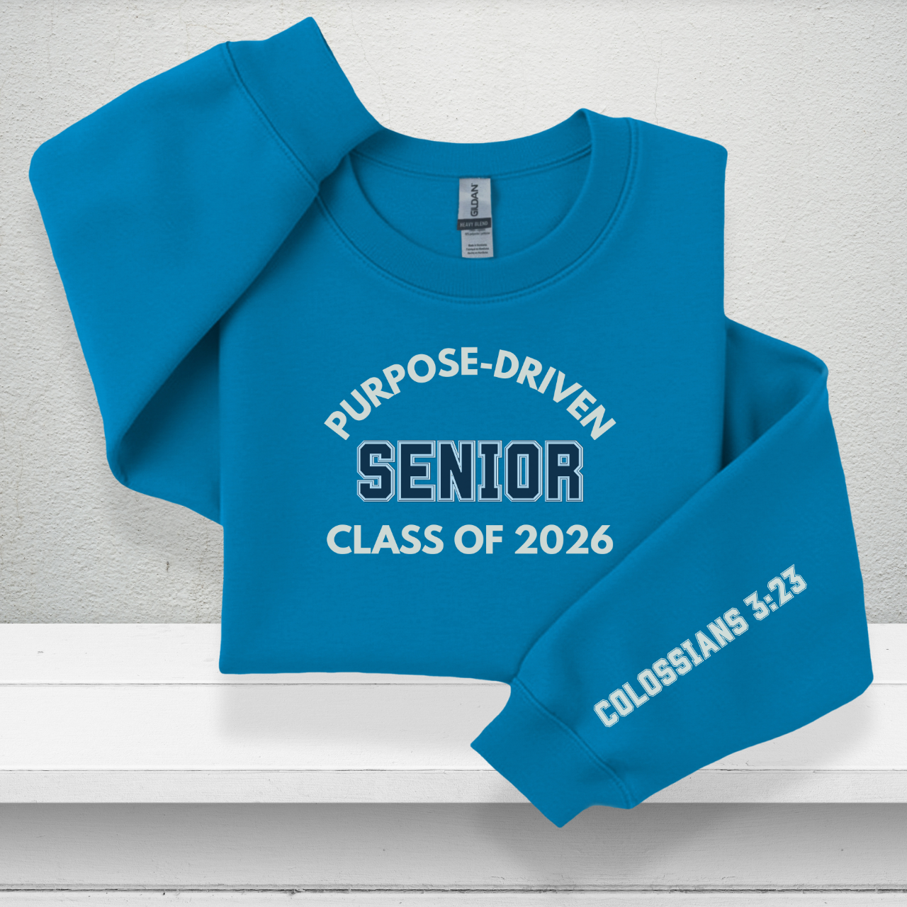 Purpose-Driven Senior Class of 2026 W/Sleeve Bible Verse (Colossians 3:23) Youth Crewneck Sweatshirt Unisex – Christian Varsity Style Senior Sweatshirt