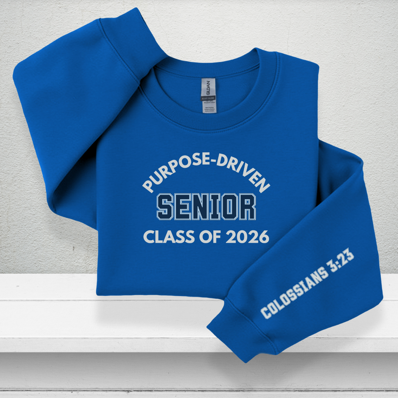 Purpose-Driven Senior Class of 2026 W/Sleeve Bible Verse (Colossians 3:23) Youth Crewneck Sweatshirt Unisex – Christian Varsity Style Senior Sweatshirt