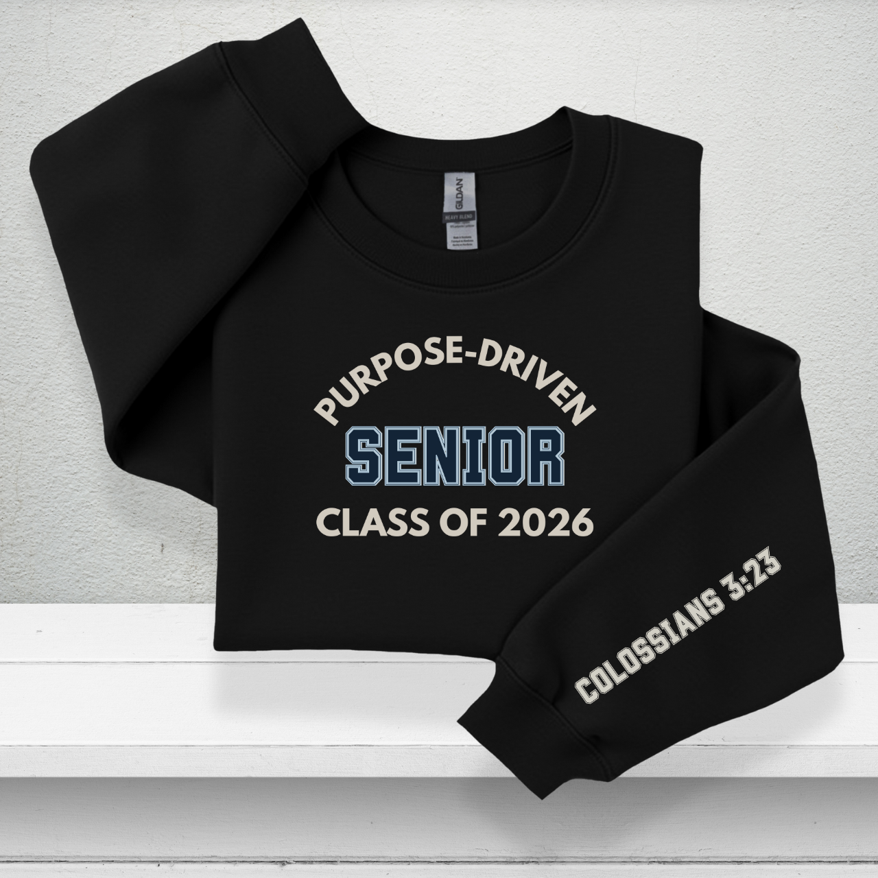 Purpose-Driven Senior Class of 2026 W/Sleeve Bible Verse (Colossians 3:23) Youth Crewneck Sweatshirt Unisex – Christian Varsity Style Senior Sweatshirt