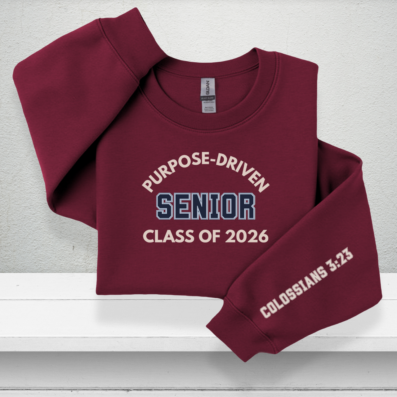 Purpose-Driven Senior Class of 2026 W/Sleeve Bible Verse (Colossians 3:23) Youth Crewneck Sweatshirt Unisex – Christian Varsity Style Senior Sweatshirt