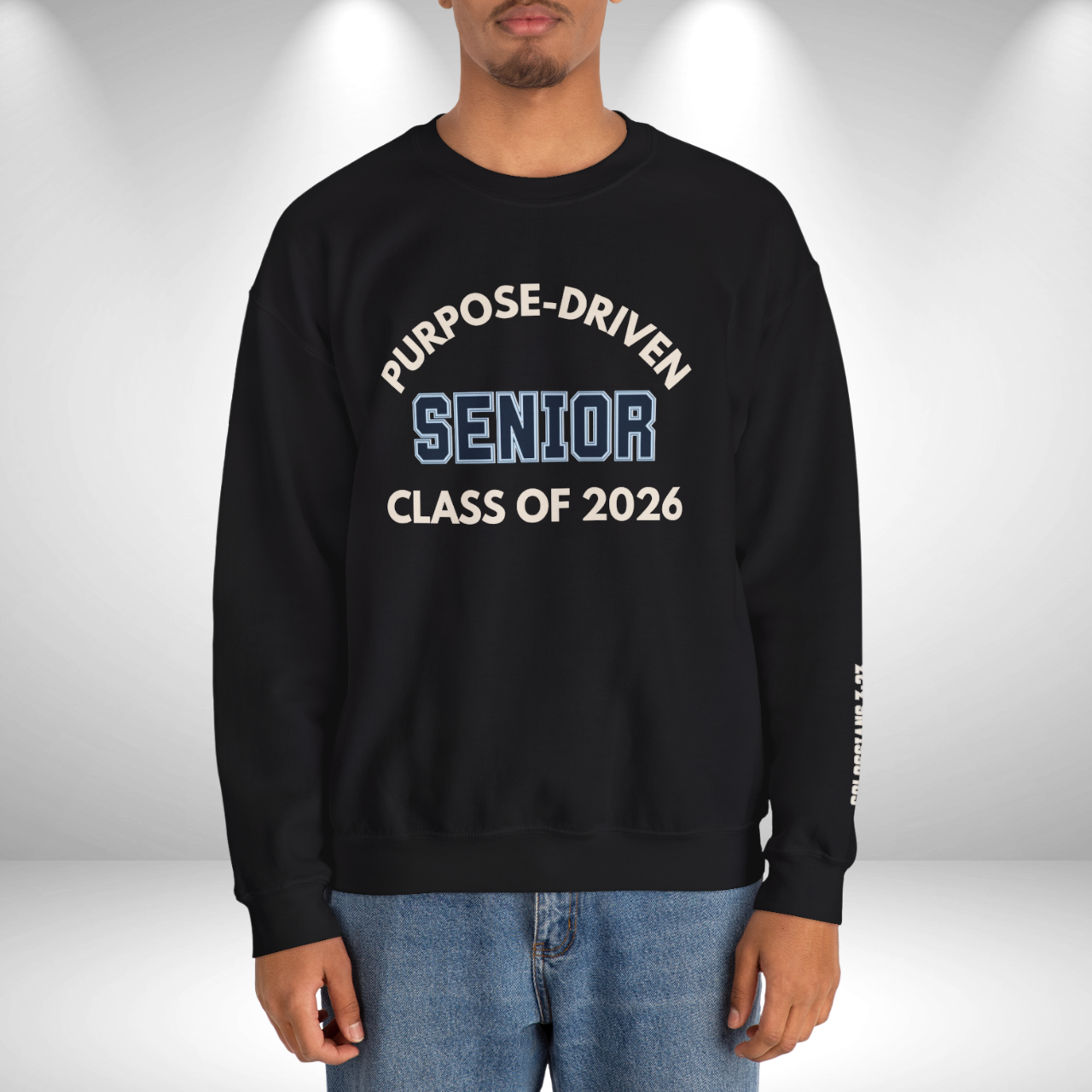 Purpose-Driven Senior Class of 2026 W/Sleeve Bible Verse (Colossians 3:23) Youth Crewneck Sweatshirt Unisex – Christian Varsity Style Senior Sweatshirt