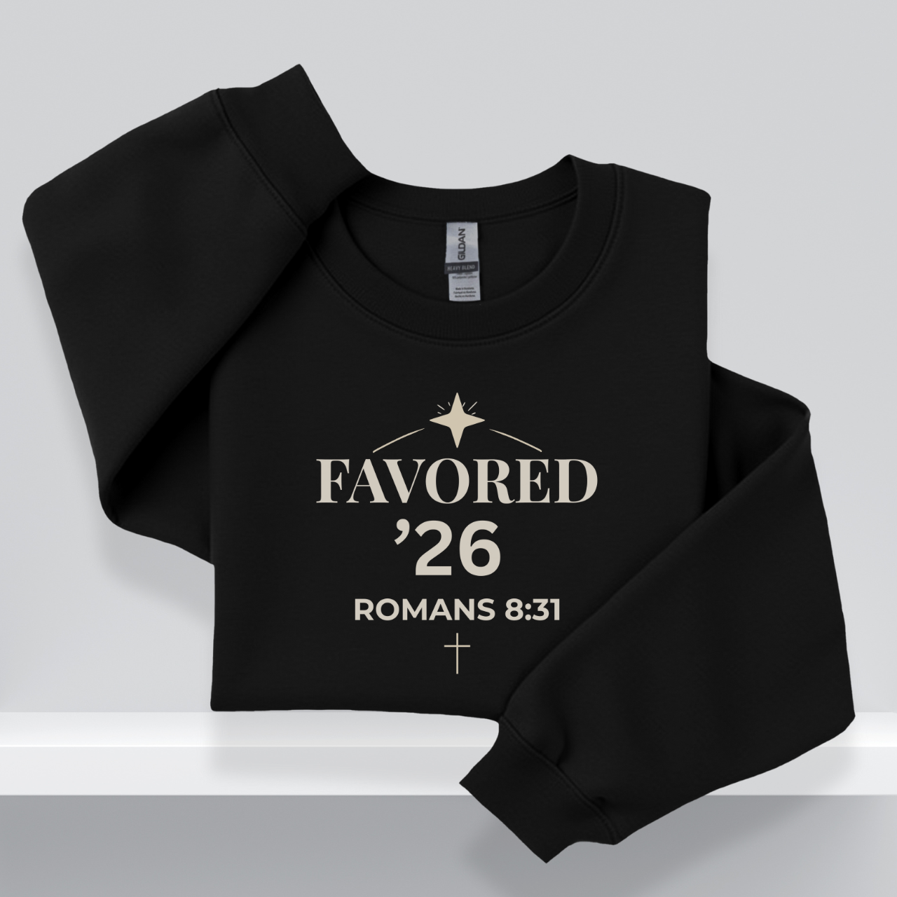 Favored ’26 Senior Sweatshirt with Bible Verse Romans 8:31 | Christian Faith-Based Crewneck