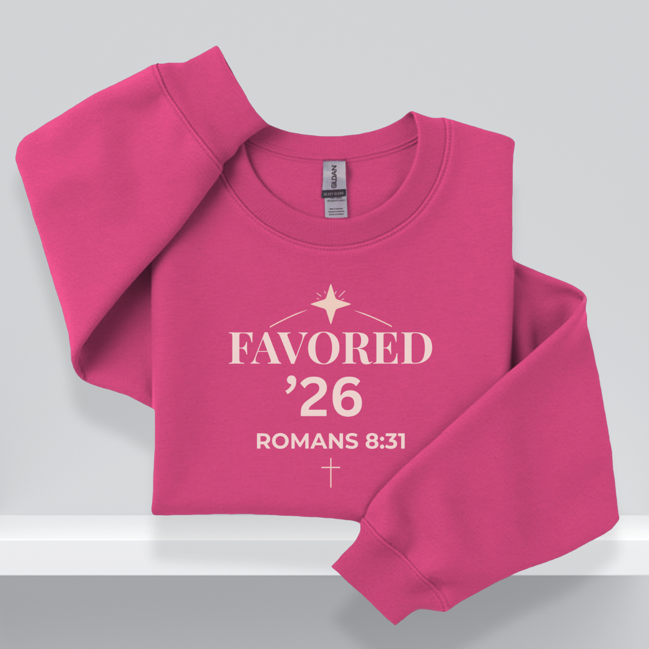 Favored ’26 Senior Sweatshirt with Bible Verse Romans 8:31 | Christian Faith-Based Crewneck