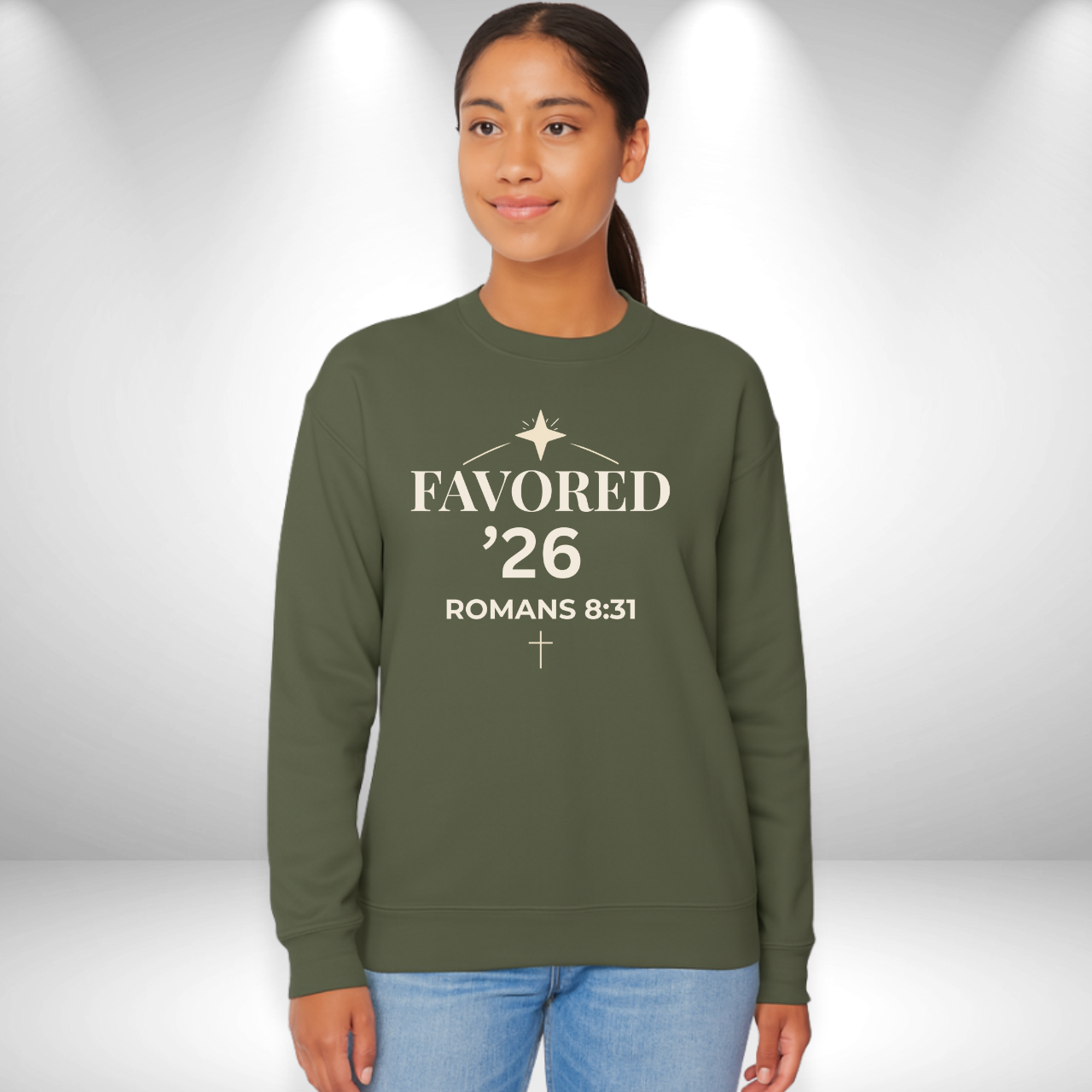 Favored ’26 Senior Sweatshirt with Bible Verse Romans 8:31 | Christian Faith-Based Crewneck