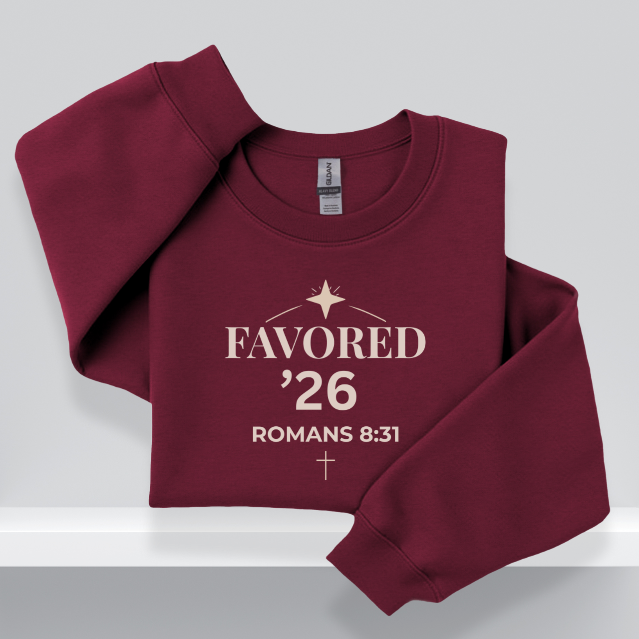 Favored ’26 Senior Sweatshirt with Bible Verse Romans 8:31 | Christian Faith-Based Crewneck