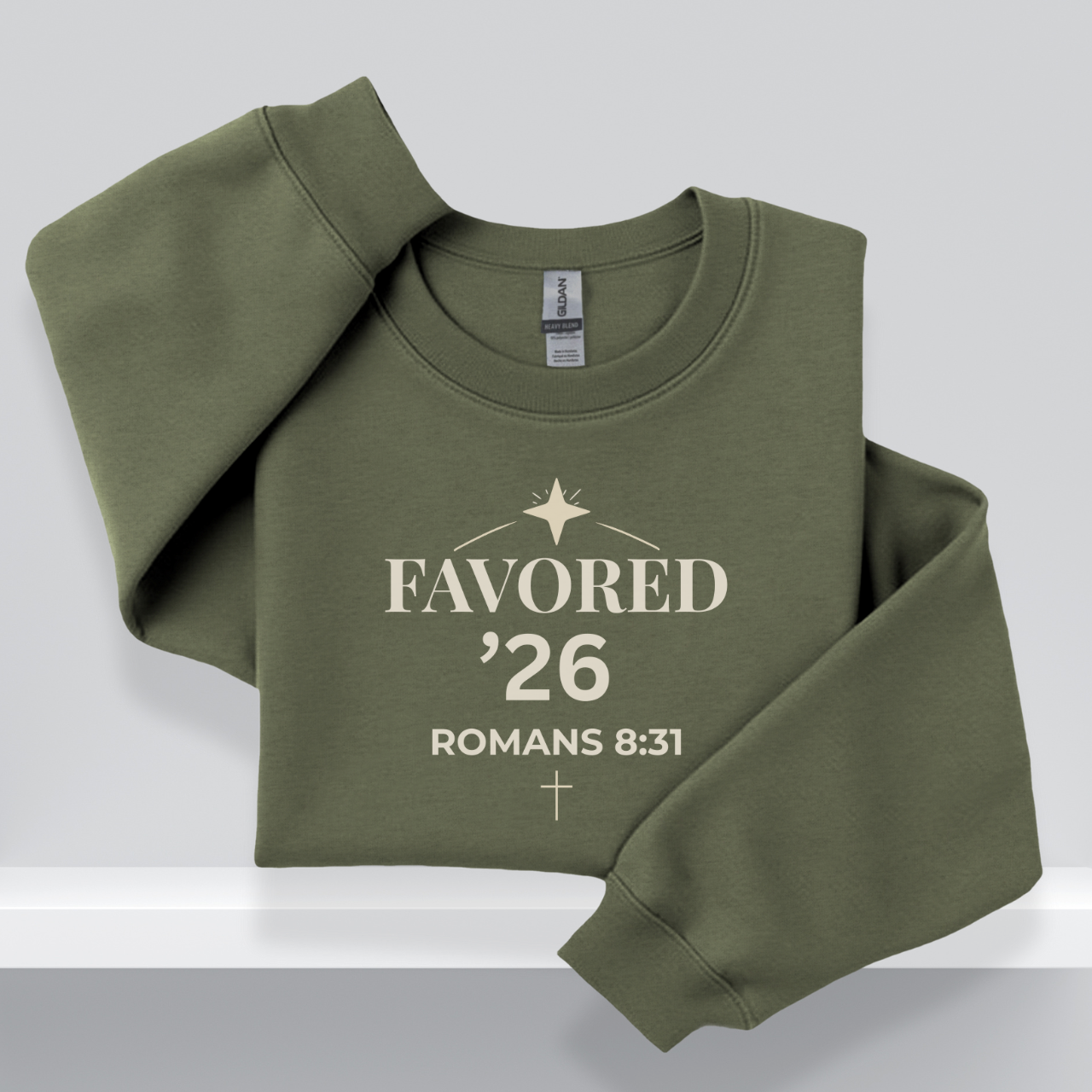 Favored ’26 Senior Sweatshirt with Bible Verse Romans 8:31 | Christian Faith-Based Crewneck