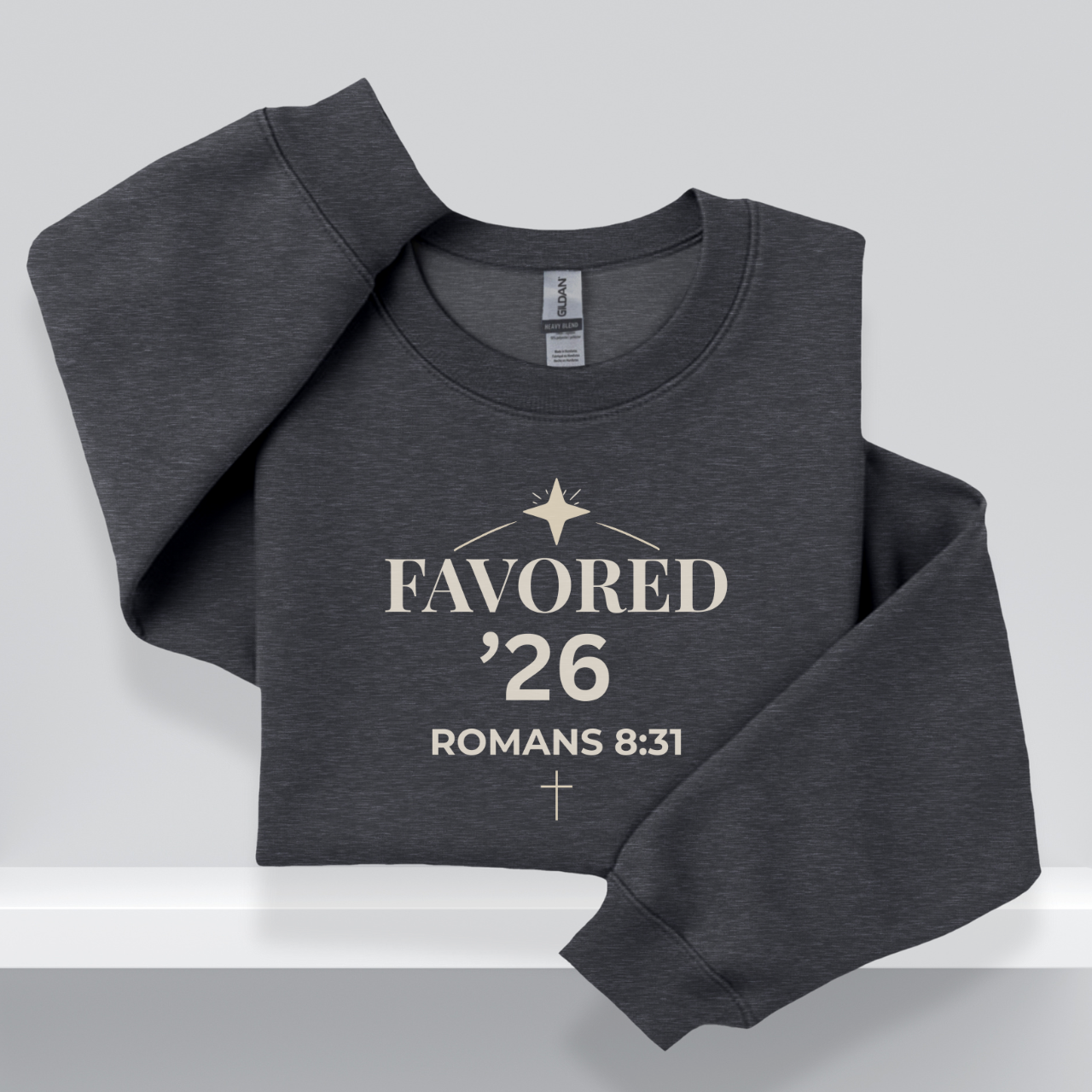 Favored ’26 Senior Sweatshirt with Bible Verse Romans 8:31 | Christian Faith-Based Crewneck