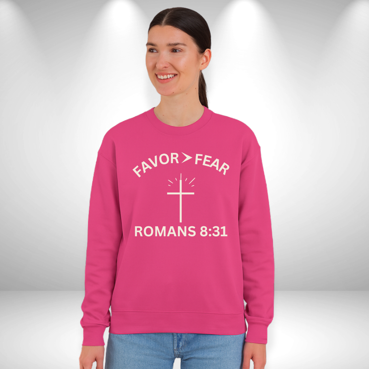 Favor > Fear Christian Crewneck Sweatshirt – W/Bible Verse Romans 8:31 | Faith Over Fear Sweater