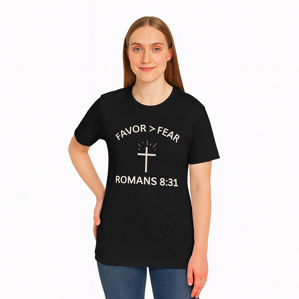 Favor > Fear (Romans 8:31 Bible Verse)  Christian-Tee Back to School — Minimal Cross | Bella+Canvas 3001